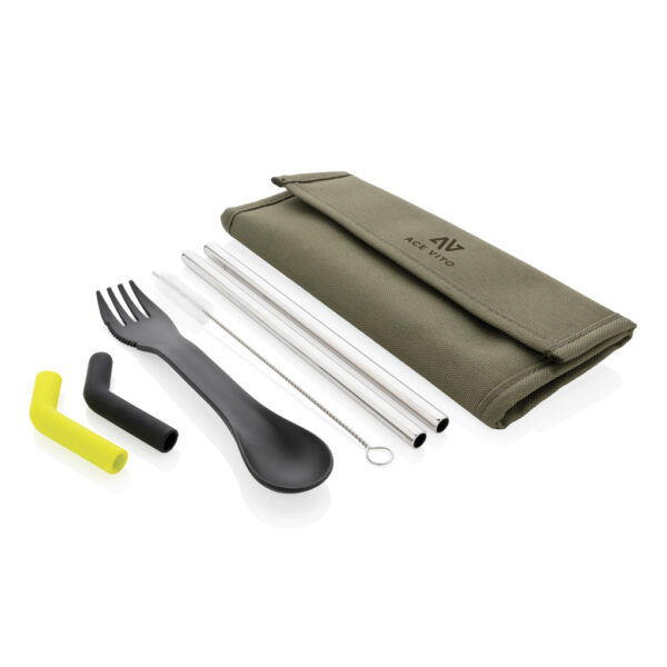 Tierra 2pcs straw and cutlery set in pouch - Green