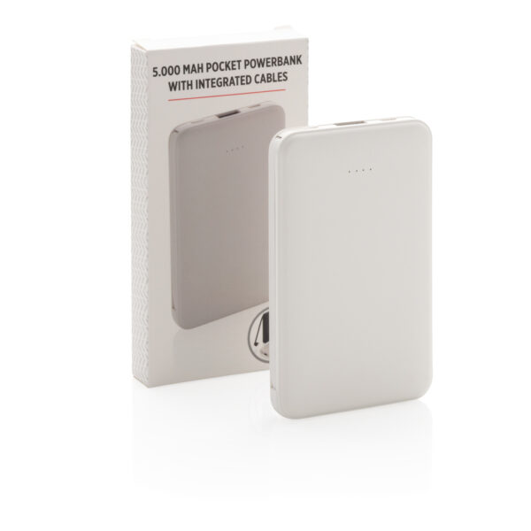 5.000 mAh Pocket Powerbank with integrated cables - White