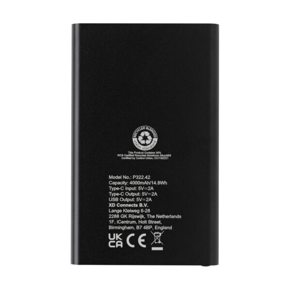 RCS recycled plastic/aluminum 4000 mah powerbank with type C - Black