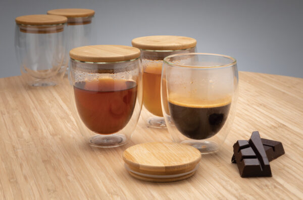 Double wall borosilicate glass with bamboo lid 250ml 2pc set - Mugs