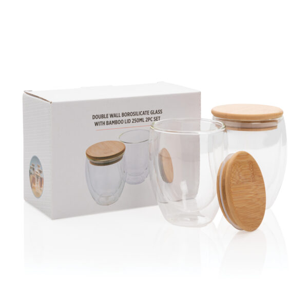 Double wall borosilicate glass with bamboo lid 250ml 2pc set - Mugs