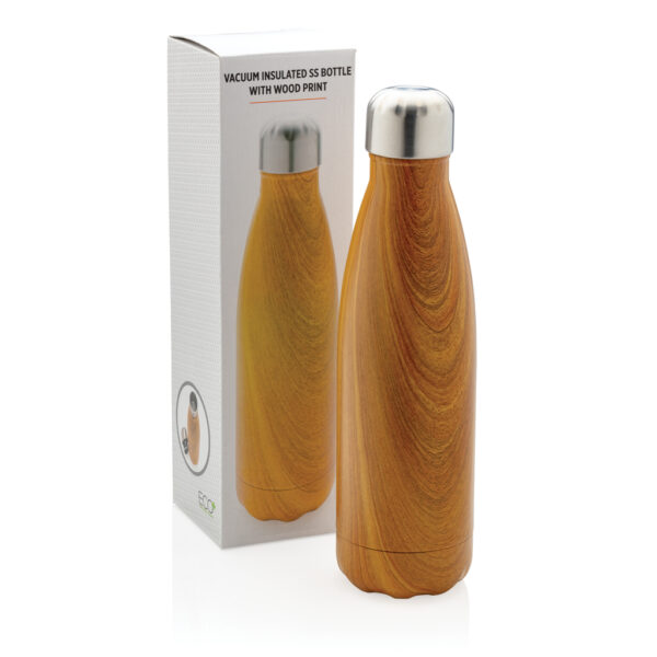 Vacuum insulated stainless steel bottle with wood print - Yellow