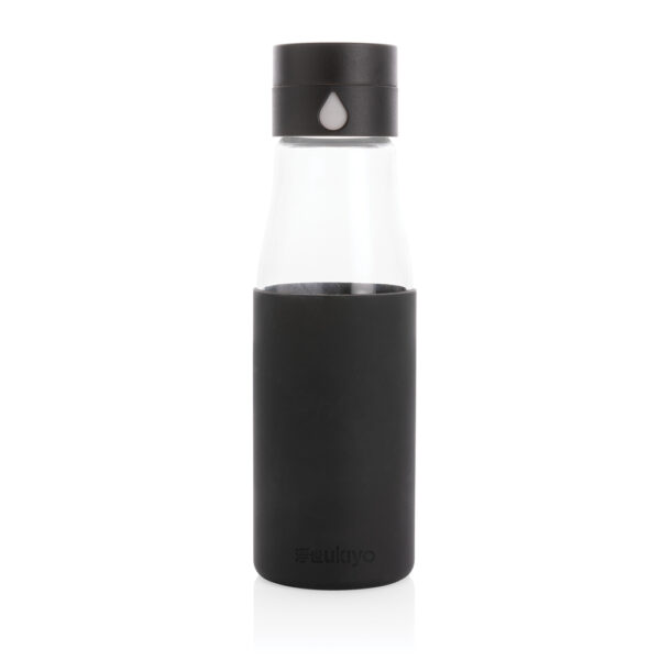 Ukiyo glass hydration tracking bottle with sleeve - Black