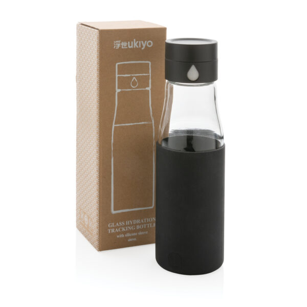 Ukiyo glass hydration tracking bottle with sleeve - Black