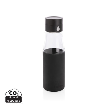 Ukiyo glass hydration tracking bottle with sleeve - Black