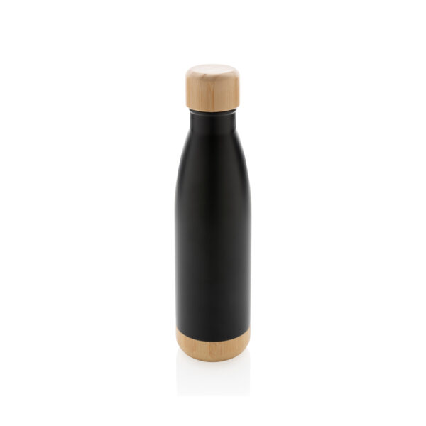 Vacuum stainless steel bottle with bamboo lid and bottom - Black