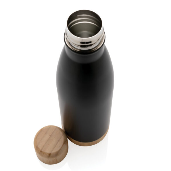 Vacuum stainless steel bottle with bamboo lid and bottom - Black