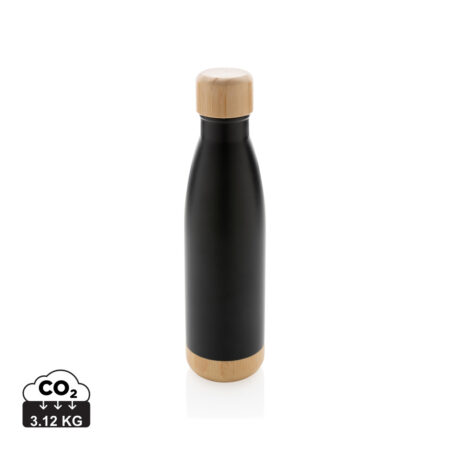 Vacuum stainless steel bottle with bamboo lid and bottom - Black